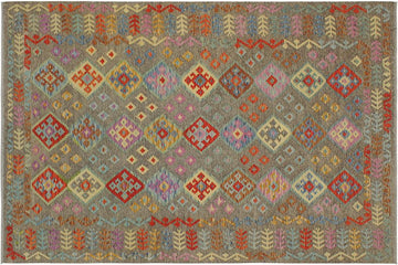 Flat Weave Kilim, Antique, Navaho, Vintage, Handmade, Geometric Kilim Brown Rust Hand-Woven Rectangle 100% Wool Area Rug 7 x 10